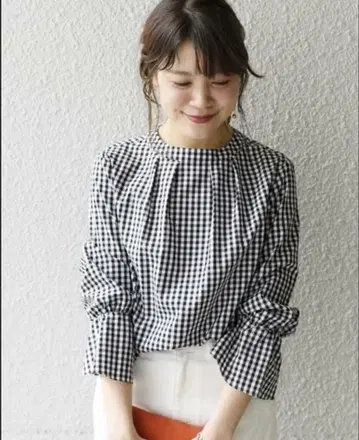 SHIPS 솔리드 깅엄 하이넥 블라우스