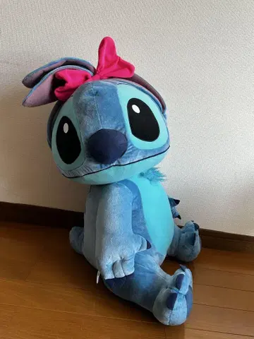 스티치 봉제 인형 파란색 핑크 리본