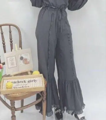 Swankiss 스완키스 프릴 쉬폰 바지 블랙 리본