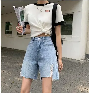 빅 사이즈 여성 데님 숏 팬츠 하프 데미지