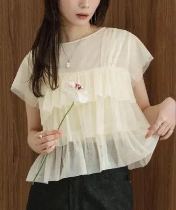 시스루 레이어드 프릴 반팔 상의