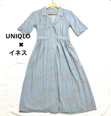 유니클로 이네스 플라밍고 패턴 레이온 프린트 오픈 카라 롱 원피스