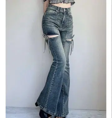 RESEXXY 컷 아웃 리본 데님 팬츠 플레어 데님