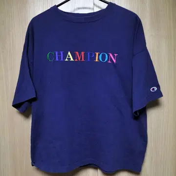 Champion 컬러풀 자수 네이비 반팔 티셔츠 L
