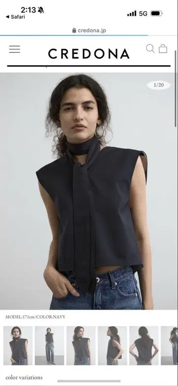 credona TIE VN BLOUSE 네이비 슬리브리스