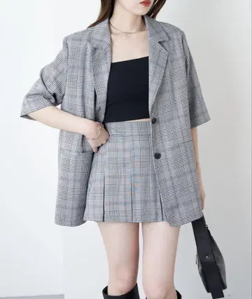 chico 체크 5부 소매 자켓 스커트