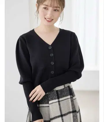 fifth V넥 볼륨 슬리브 가디건 블랙