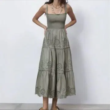 자라 컷워크 자수 원피스 카키 롱 리본