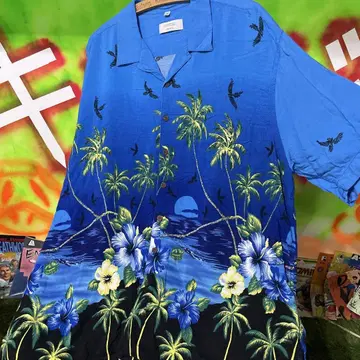 3XL CANDA 레이온 블루 하와이 하이비스커스 구제 의류 알로하 셔츠