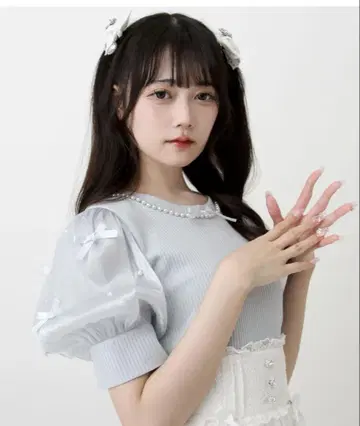 유메텐보 펄 목걸이 리본 퍼프 소매 상의