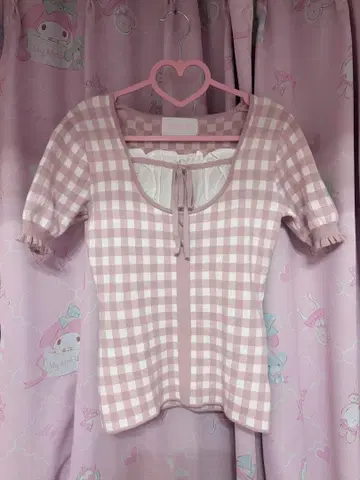 미셸 마카롱 HONEY MEW 깅엄 체크 상의 핑크