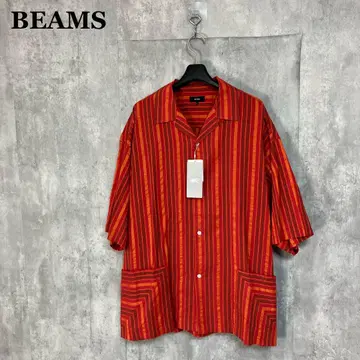 BEAMS 25SS 도비 스트라이프 오픈 카라 셔츠 L