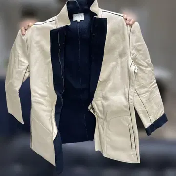 200 가죽 노카라 자켓 크림색