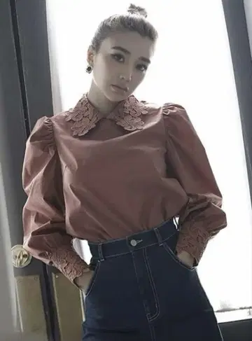eimy istoire 에이미 이스트 월 레이스 칼라 블라우스 오렌지