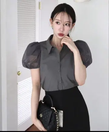 로얄 파티 상의 퍼프 슬리브 튤 셔츠 블라우스