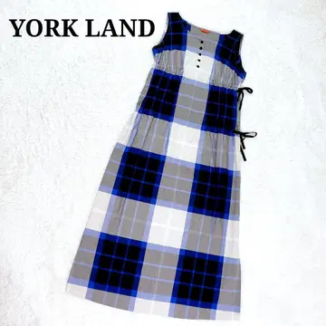 YORK LAND 롱 원피스 리본 체크 무늬 슬리브리스 블루