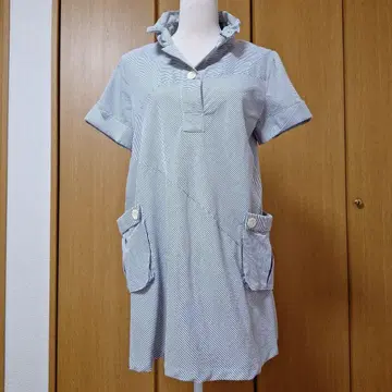 칼라 와이어 쉘 버튼 포켓 그레이 스트라이프 반팔 미니 원피스 상의에도