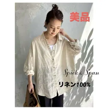 새상품급 스픽 앤 스팬 린넨 100% 빅 셔츠 긴팔 베이지 F