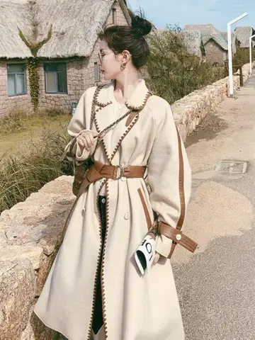 베이지 울 혼방 롱 코트 벨트 포함
