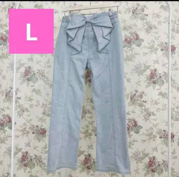백 리본 데님 팬츠 L 사이즈 시마무라 연한 파랑