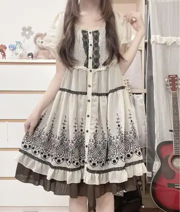 모리걸 페어리 그런지 다크 코케트 레트로 튤 프릴 원피스