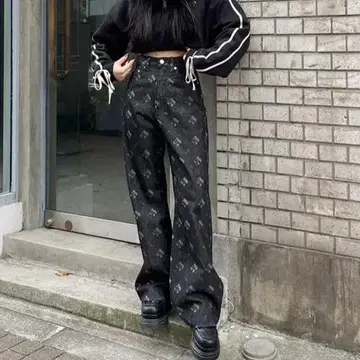 EVRIS 모노그램 심플 와이드 데님 팬츠