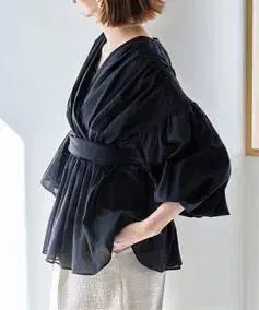 IENA 네이비 쉬폰 도비 카슈쿨 블라우스