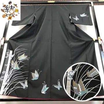 MK-1651 쓰키사게 워셔블 기모노 나비 블랙 컬러 크레이프 원단