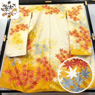 MK-1655 후리소데 단풍 꽃 무늬 연한 노란색 톨 사이즈