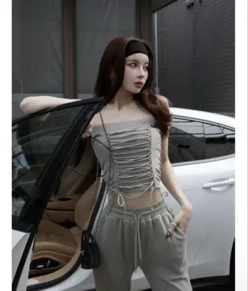 darich 레이스업 개더 스웨트 탑 턱 플레어 스웨트 팬츠