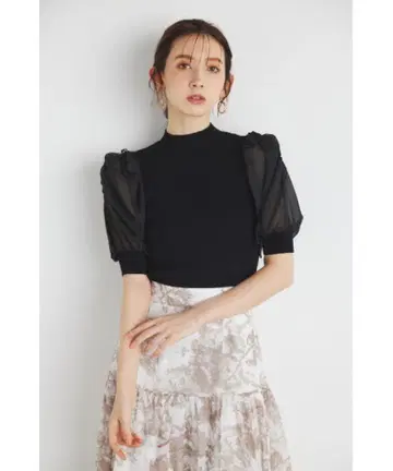 rienda 드로스트 퍼프 슬리브 니트 탑