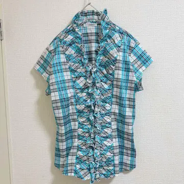 나라 까미체 블라우스 체크 블루 프릴 탑