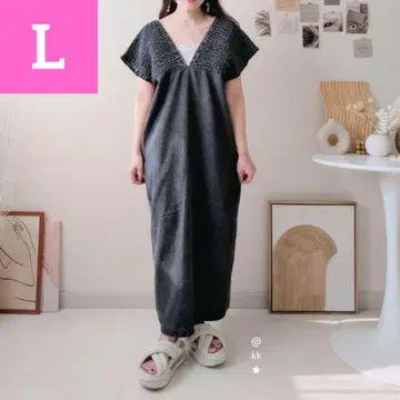 새상품 시마무라 데님 셔링 원피스 L 블랙 검정