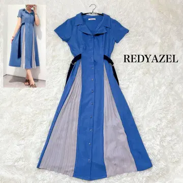 REDYAZEL 블루 그레이 배색 플리츠 A 라인 롱 원피스