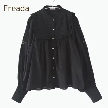 Freada 프리다 레이스 핀턱 프릴 블라우스 상의 면 블랙 ONE