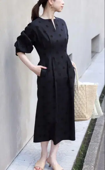 vermeil par iena 면 린넨 도트 프린트 허리 쉐이프 원피스
