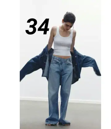 완판템 자라 하이웨스트 크로스오버 와이드 레그 청바지 34