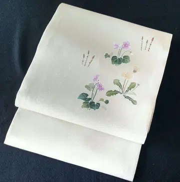 순수 실크 시오제 염색 나고야 오비 봄의 꽃들 제비꽃, 민들레, 쑥