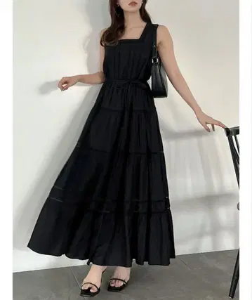 dazzlin 다즐린 사다리 레이스 티어드 원피스 블랙