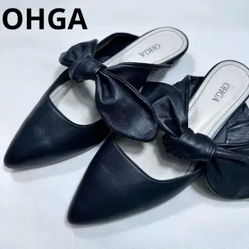 OHGA 오가 가죽 리본 펌프스 가죽 뮬 블랙 플랫
