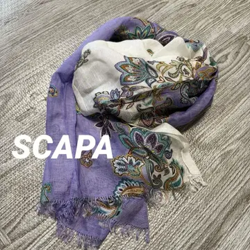 SCAPA 페이즐리 무늬 린넨 스톨 퍼플 화이트 하프 프린지