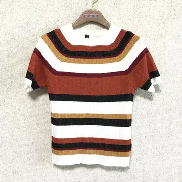 H&M 보더 라메 니트 반팔 래글런 슬리브 브라운