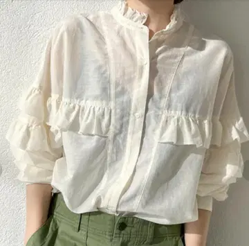 Spick&Span 24SS 코튼 실크 티어드 프릴 슬리브 블라우스