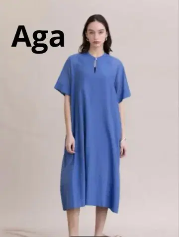 Aga 코튼 실크 반팔 셔츠 원피스 블루