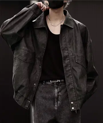 CLEL 빈티지 디자인 인조 가죽 블루종 블랙 m