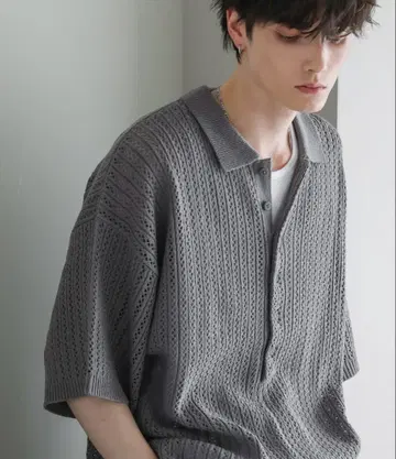 오버 사이즈 시스루 니트 반팔 하프 버튼 셔츠