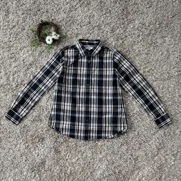 AIGLE 에글 체크 무늬 긴팔 셔츠 네이비 계열 36 S