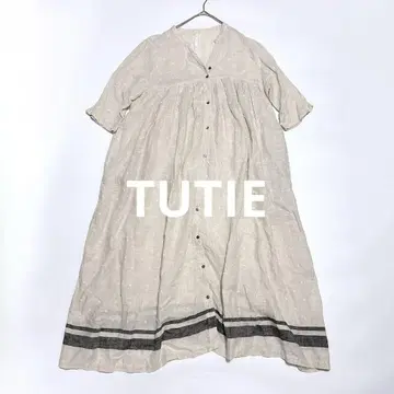TUTIE. 린넨 100% 맥시 길이 개더 셔츠 원피스 린넨