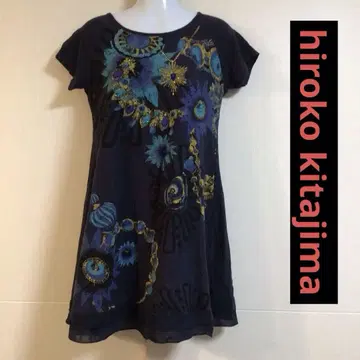 HIROKO KITAJIMA/다크 블루 꽃무늬 스트레치 A 라인 튜닉