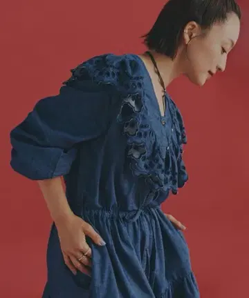 coen MIYAKO TAKAYAMA 프릴 데님 원피스 COBALT
